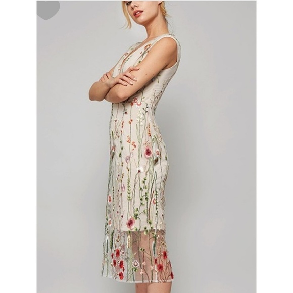 Promesa Floral Embroidered Midi Dress - Cream and Green - Picture 2 of 7